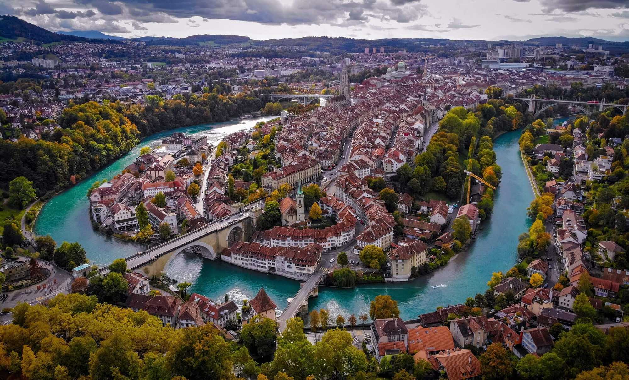 Bern, Switzerland - Aerial View of the Old Town and Aare River