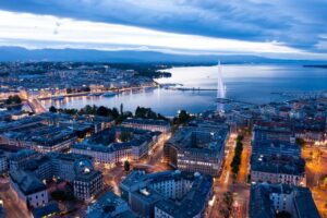 Geneva, Switzerland - Jet d'Eau and Lake Geneva with Alpine Backdrop