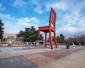 "Symbolic UN Broken Chair in Switzerland - Reflect on Global Humanitarian Efforts and the Need for Peace