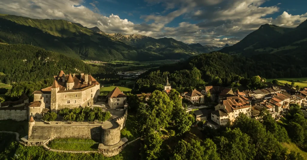 Gruyères: A charming medieval town in Switzerland known for its well-preserved architecture, rich history, and scenic landscapes.