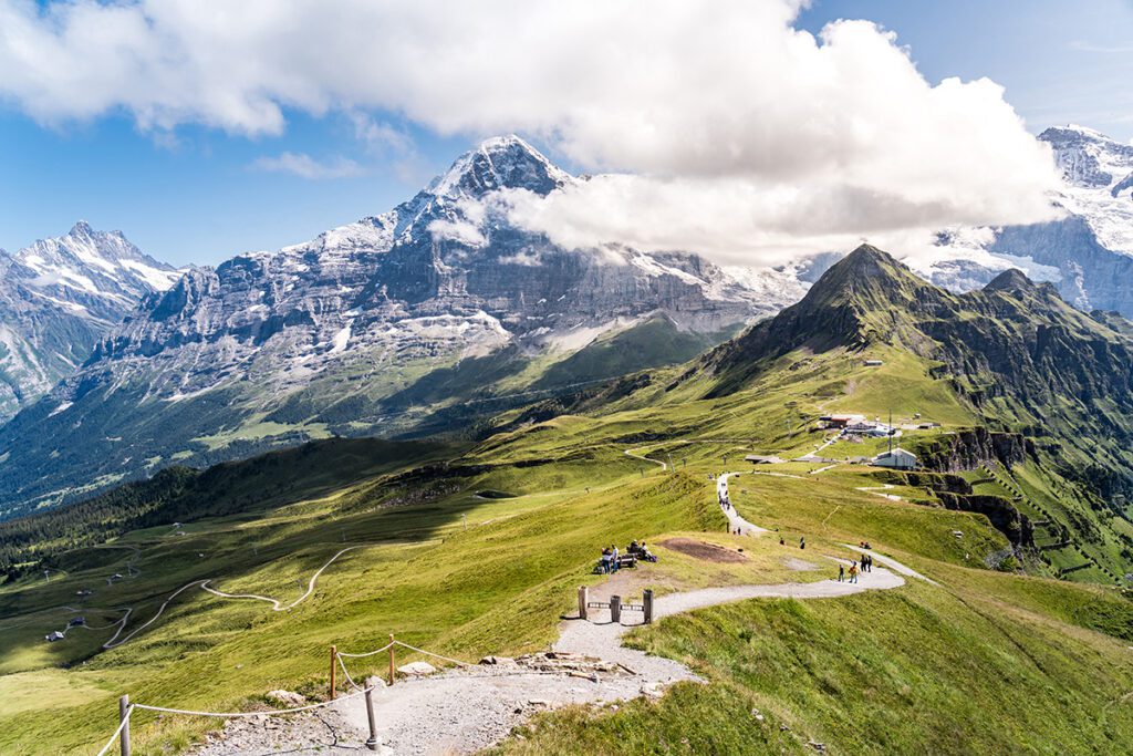 The Eiger Trail: A thrilling hike with breathtaking views of the iconic Eiger mountain, showcasing the grandeur of the Swiss Alps.